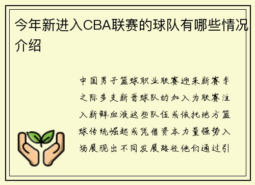 今年新进入CBA联赛的球队有哪些情况介绍