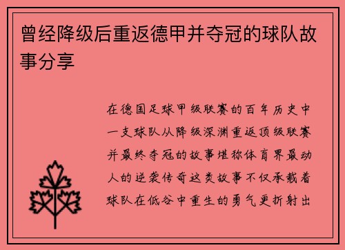曾经降级后重返德甲并夺冠的球队故事分享