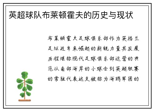 英超球队布莱顿霍夫的历史与现状